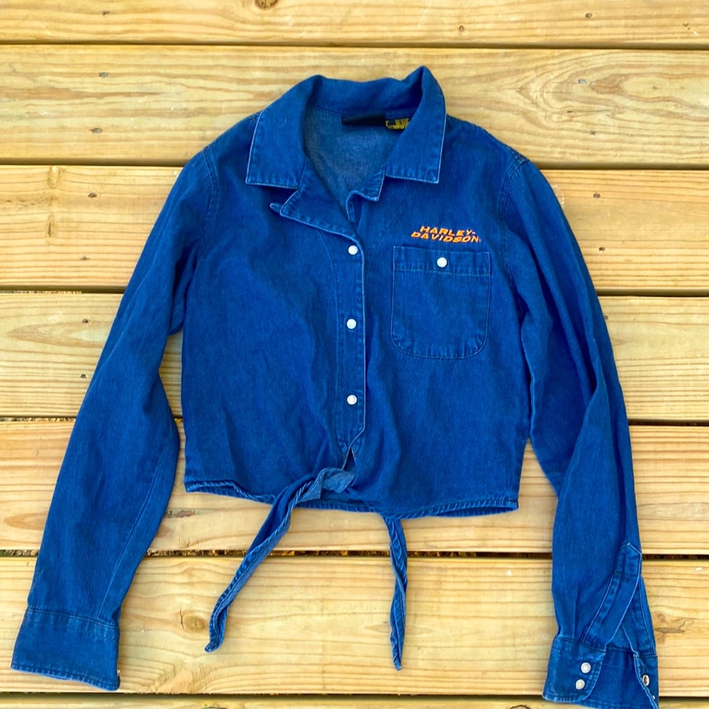 Harley Davidson Cropped Jean Tie Around Denim Button Up